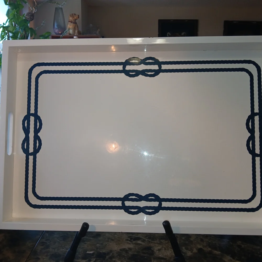 Williams Sonoma White Tray with Navy Blue Rope Border
